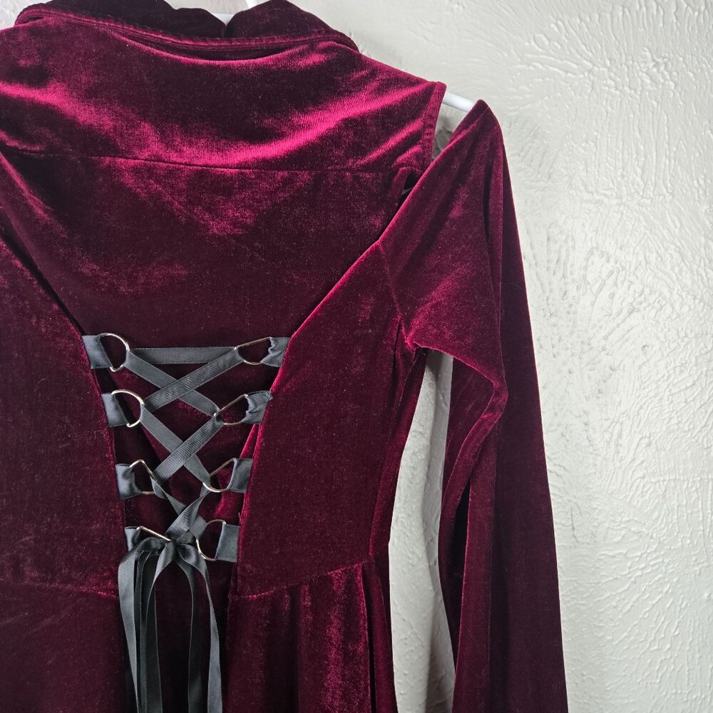 Killstar Burgundy Velvet Lace-Trim Mini Dress - Picture 12 of 13